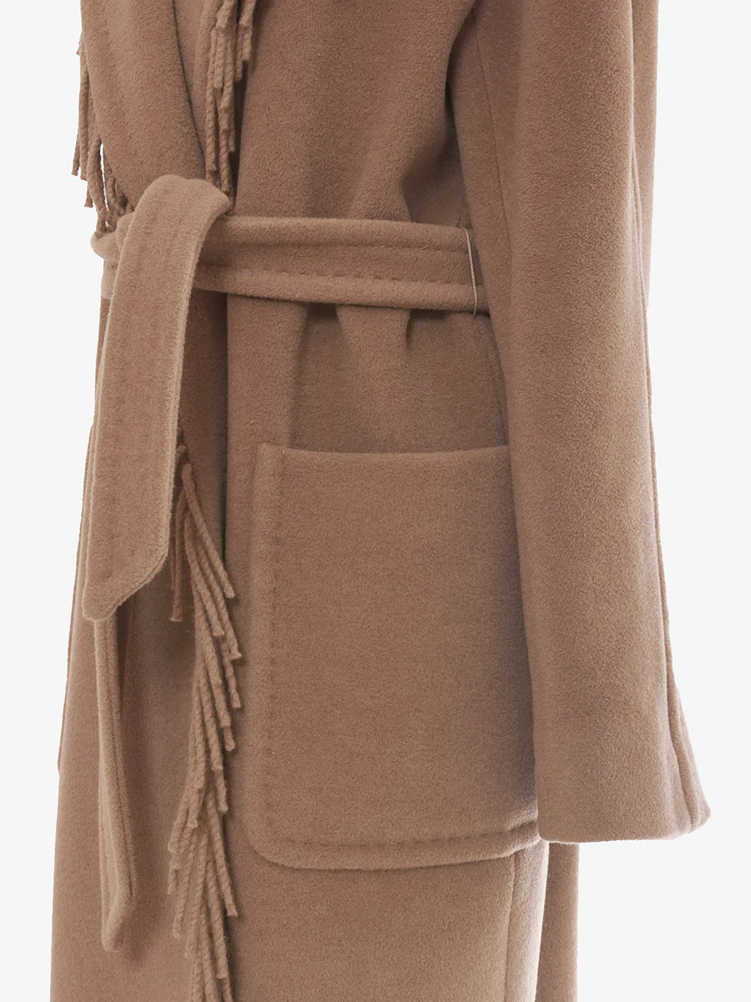 Max Mara camel-colored fringed coat