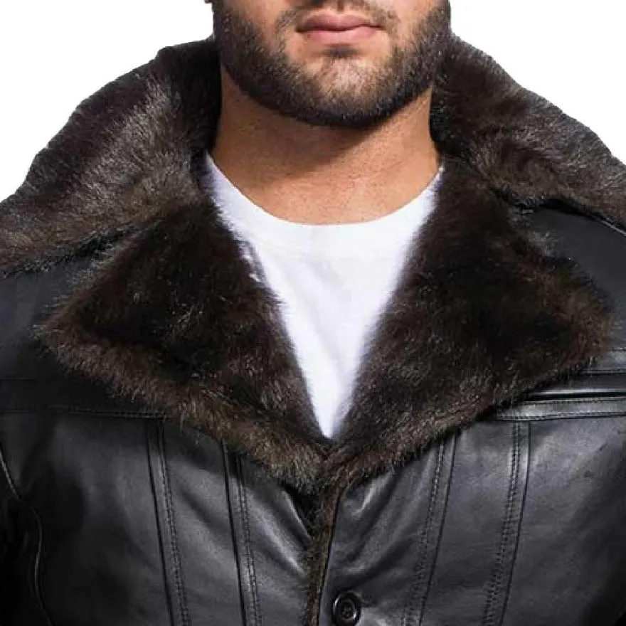 Mens Black Leather Shearling Coat | Genuine Nappa Sheepskin