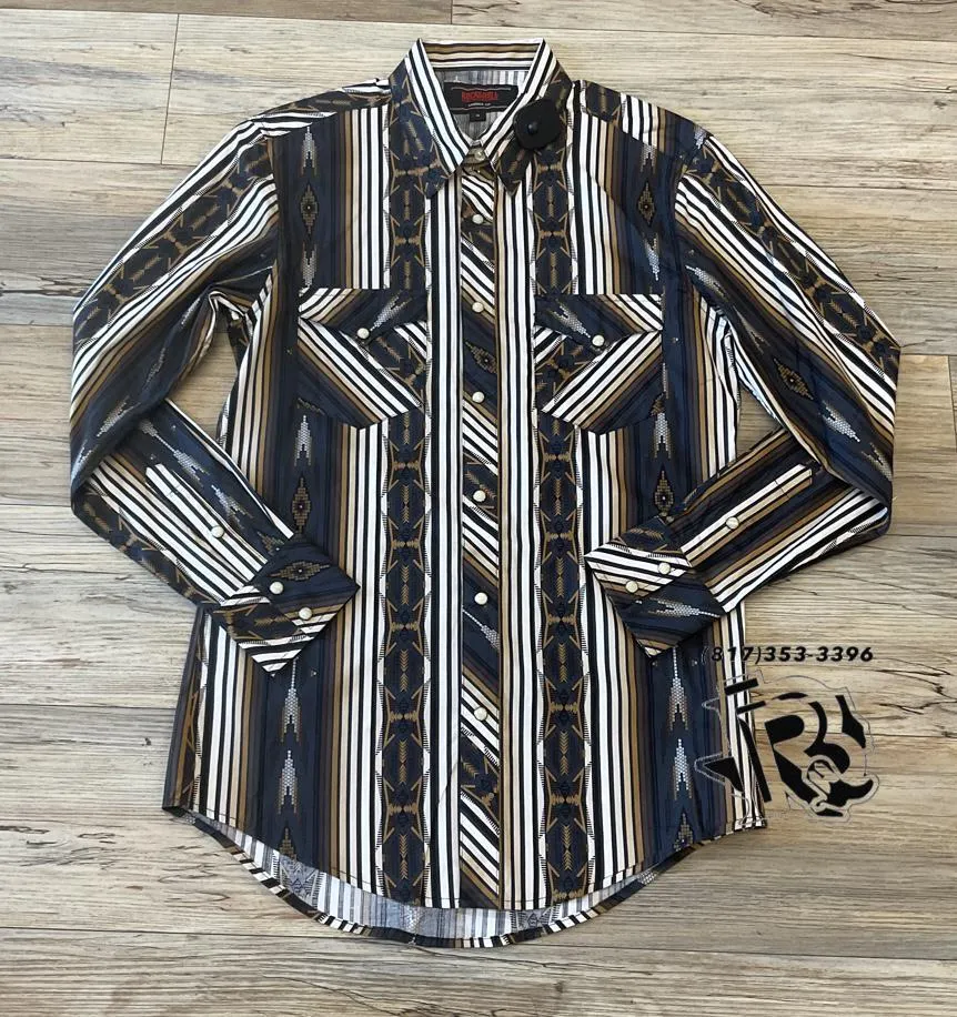 Men’s rock & roll 2pkt Aztec stripe snap brown shirt | BMN2S02177