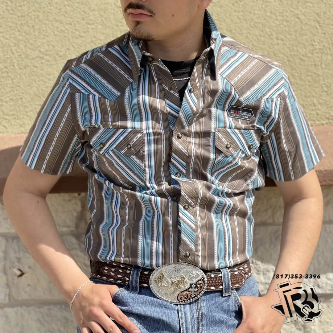 MENS ROCK & ROLL SHORT  MODERN FIT SLEEVE STRIPE DARK BROWN SHIRT | BMN3S03372