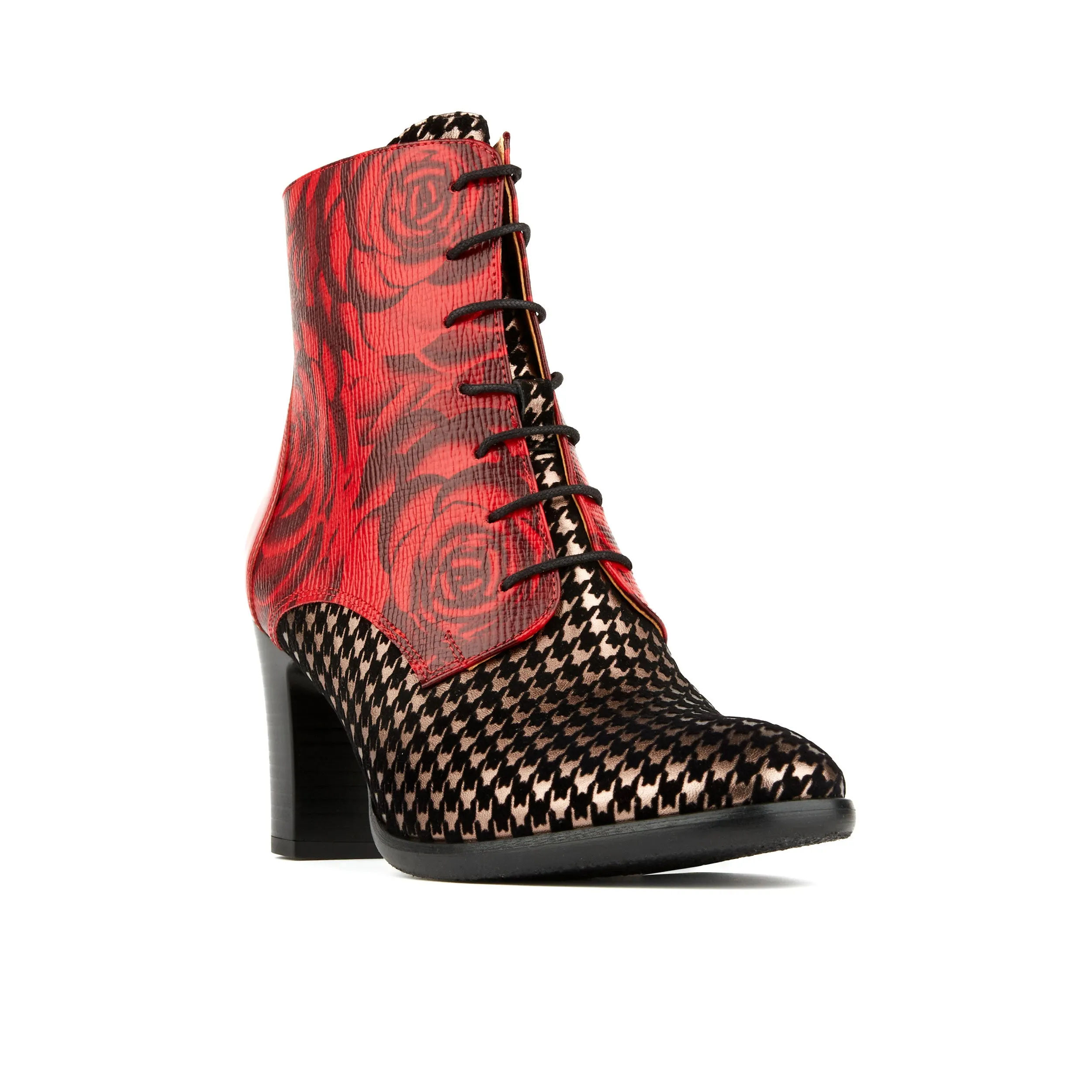 MERLIN RED HOUNDSTOOTH - Women's block heel higher ankle leather boot in houndstooth