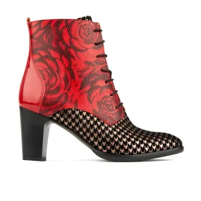 MERLIN RED HOUNDSTOOTH - Women's block heel higher ankle leather boot in houndstooth