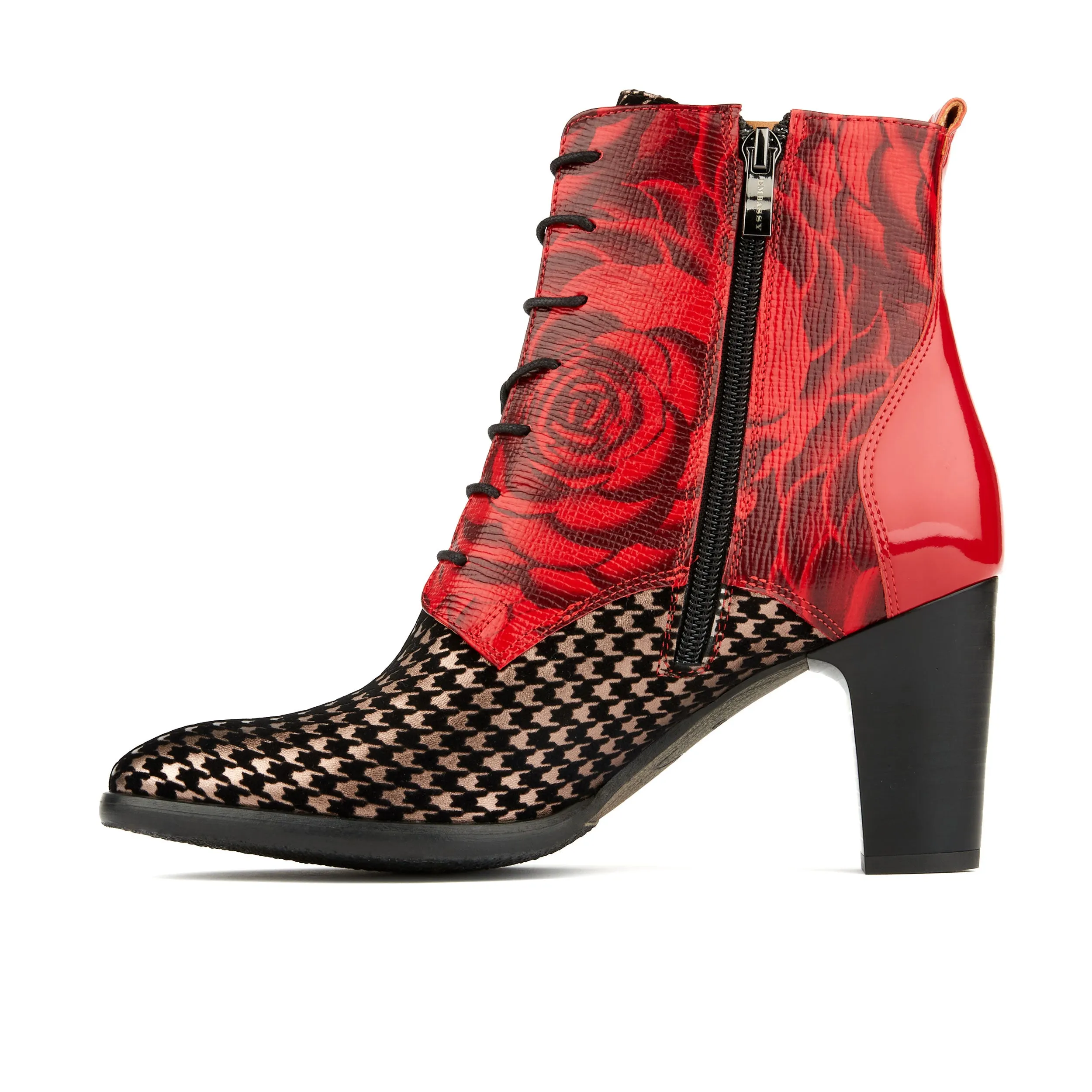 MERLIN RED HOUNDSTOOTH - Women's block heel higher ankle leather boot in houndstooth