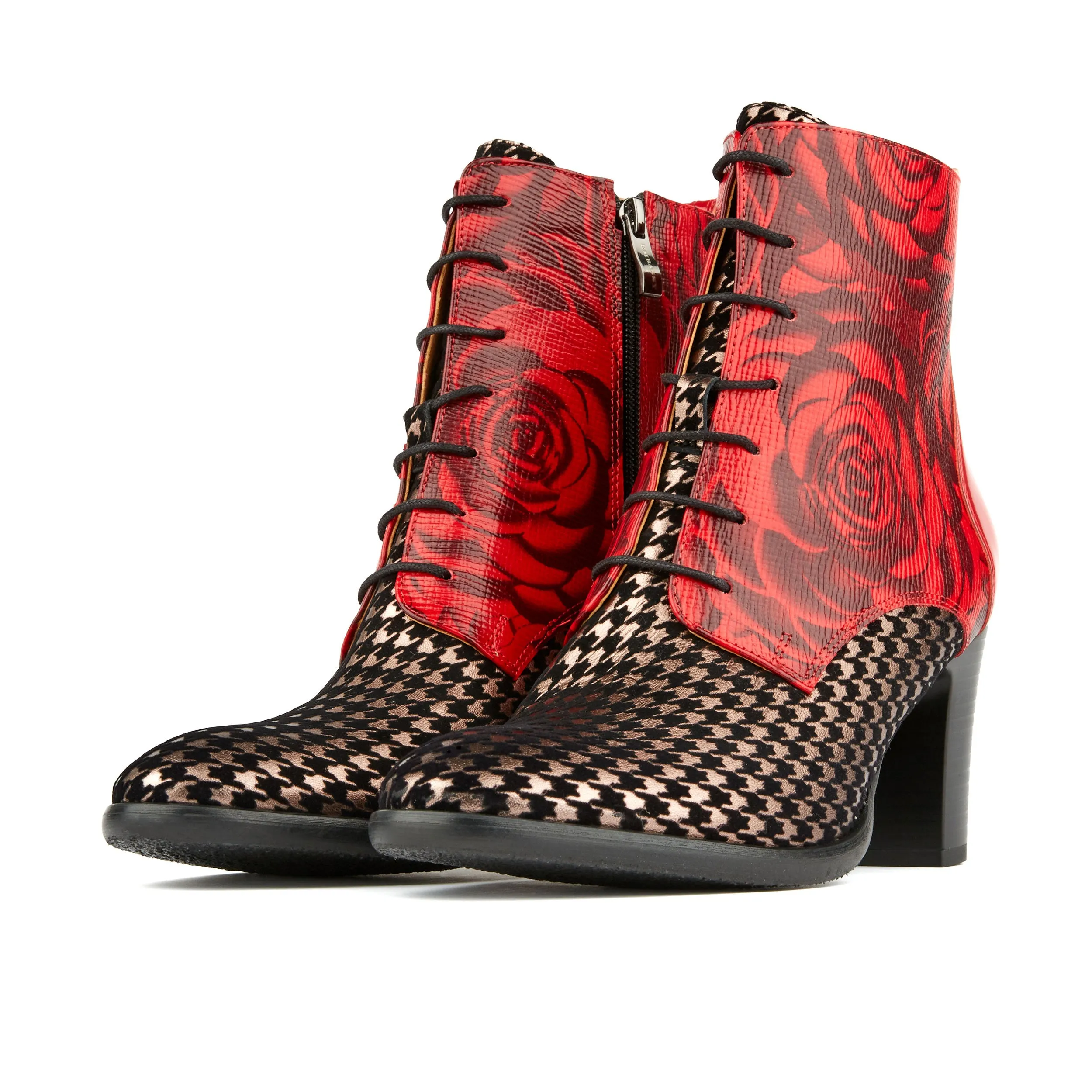 MERLIN RED HOUNDSTOOTH - Women's block heel higher ankle leather boot in houndstooth