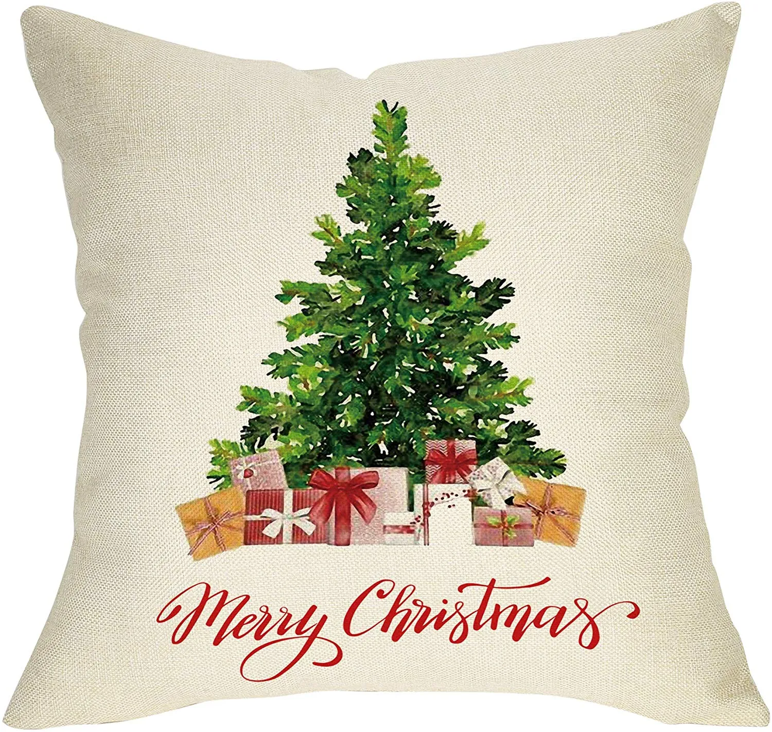 Merry Christmas Sign Christmas Tree with Gift Decorative Throw Pillow Cover