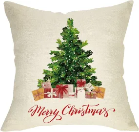 Merry Christmas Sign Christmas Tree with Gift Decorative Throw Pillow Cover