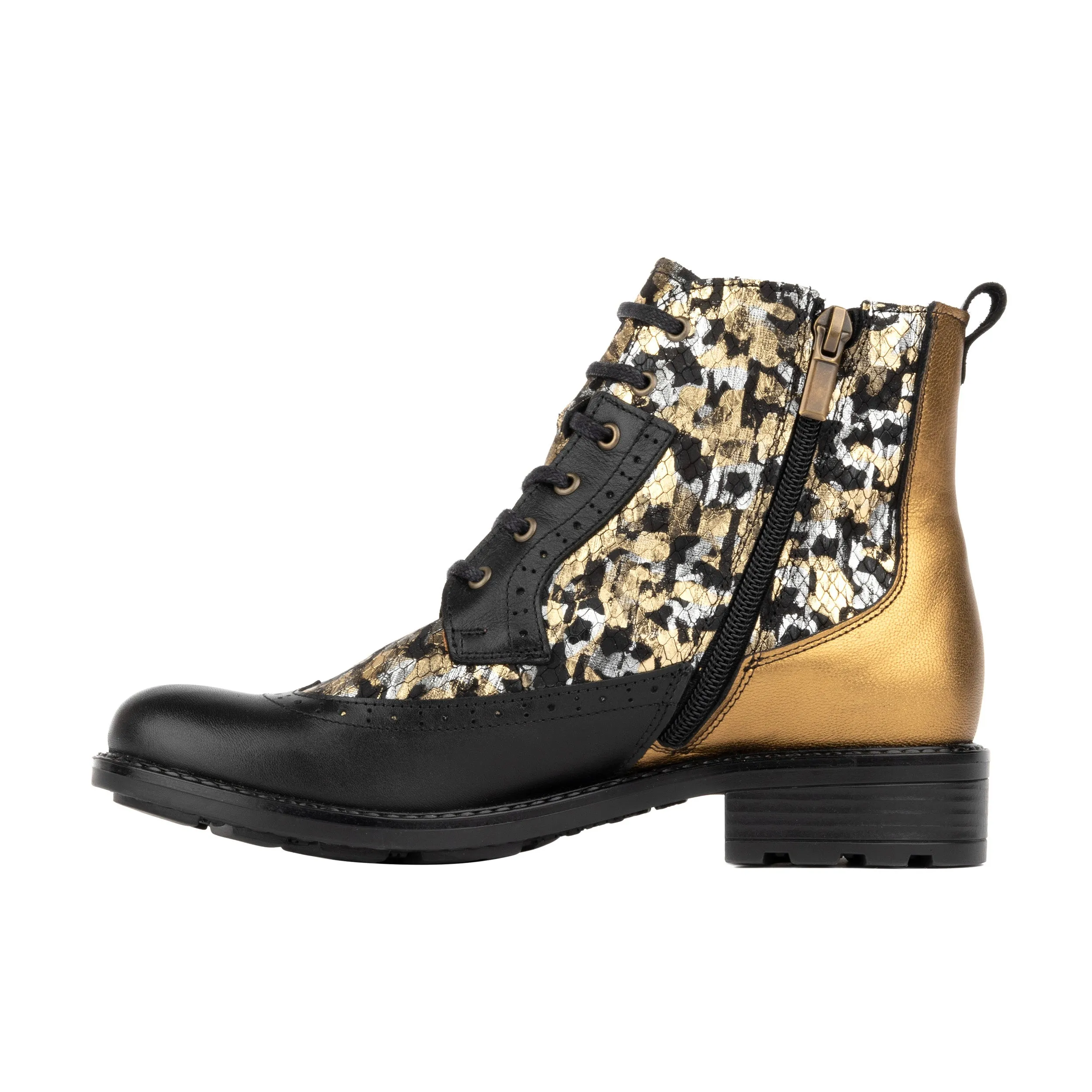 MILLINER BLACK & GOLD - Women's leather round toe side zipper ankle boot in gold