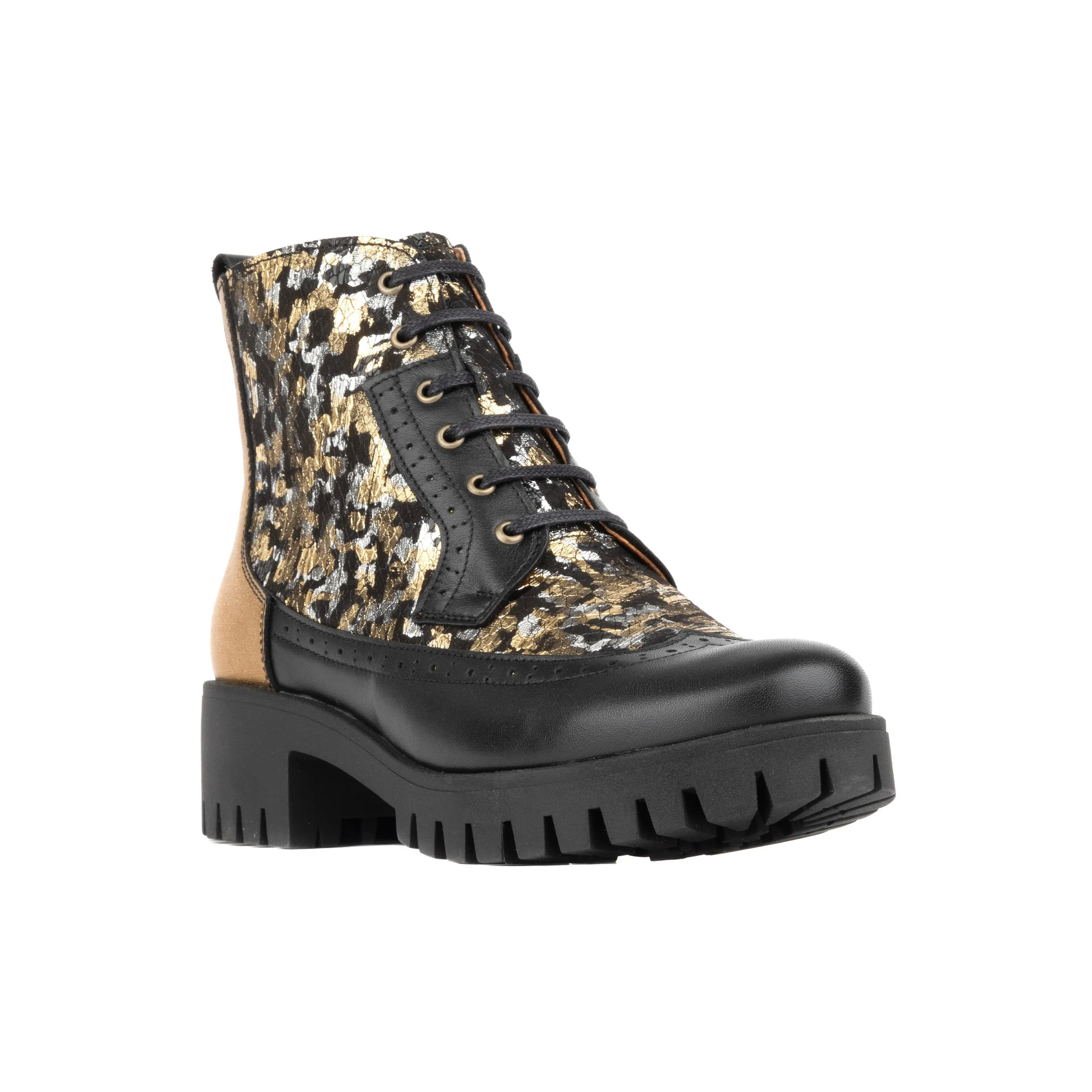 MILLINER PLATFORM FLORAL - Women's leather chunky 1 inch platform ankle boot in gold