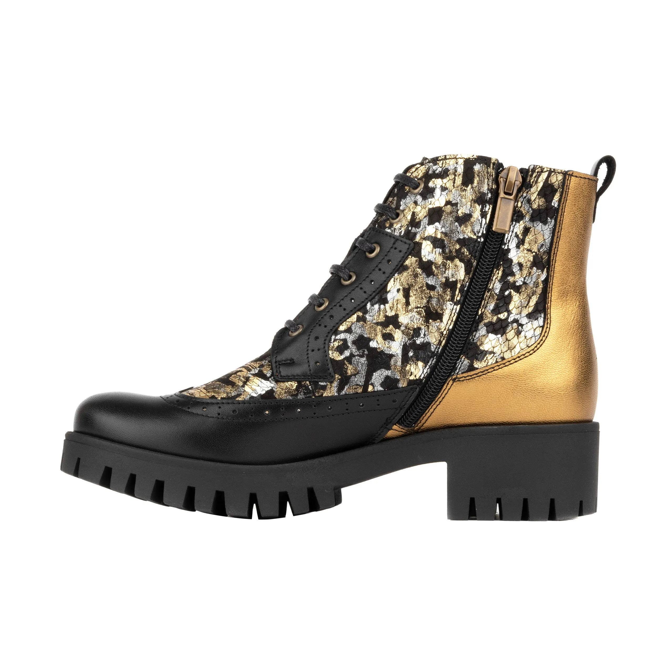 MILLINER PLATFORM FLORAL - Women's leather chunky 1 inch platform ankle boot in gold