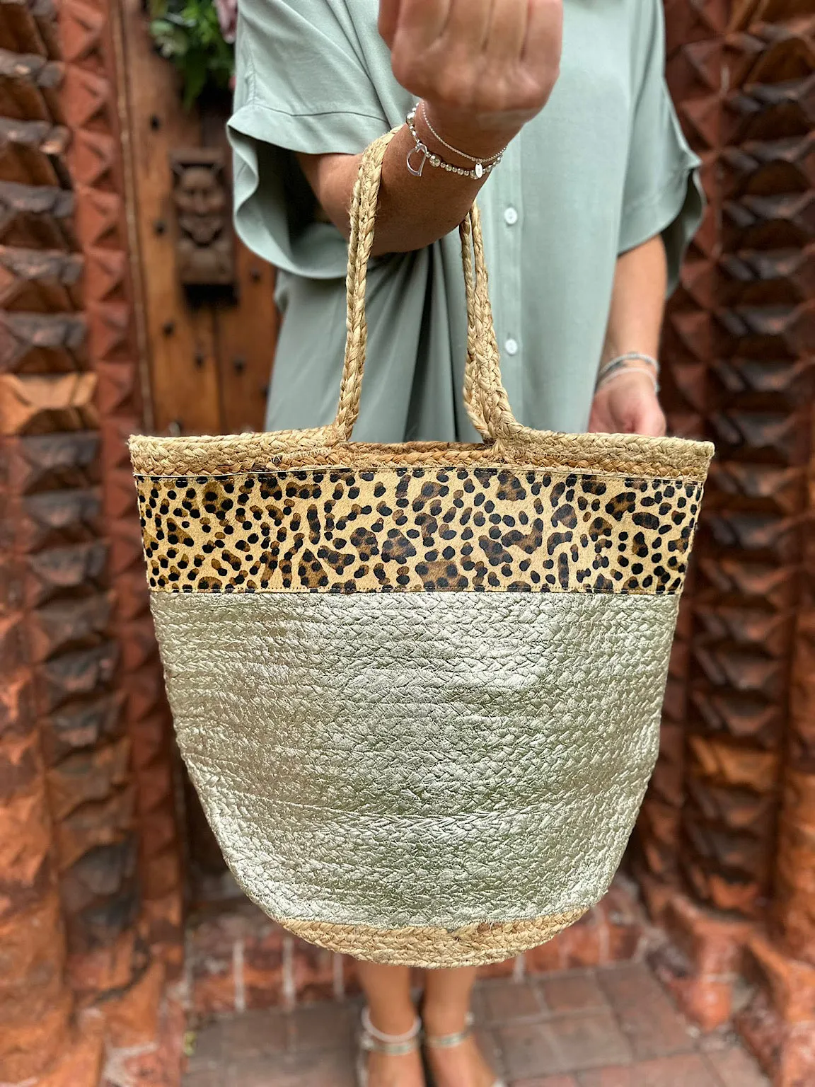 Natural Leopard Metallic Weave Bag