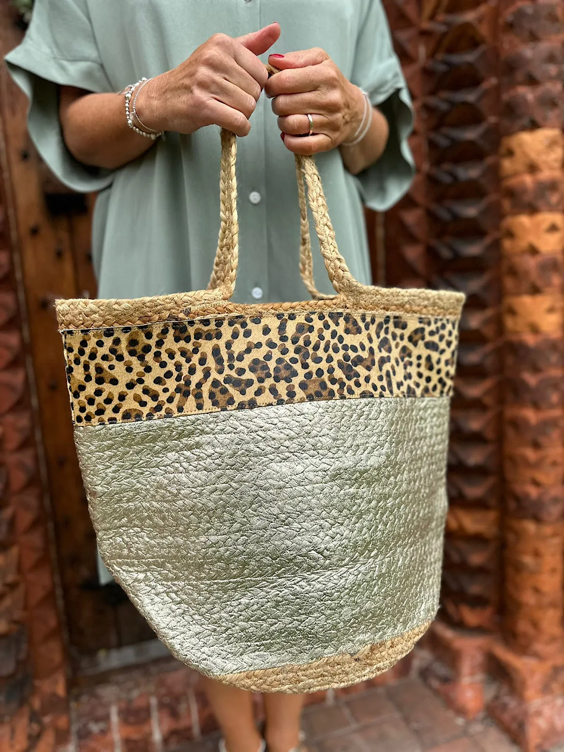 Natural Leopard Metallic Weave Bag