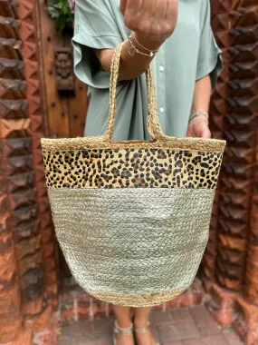 Natural Leopard Metallic Weave Bag