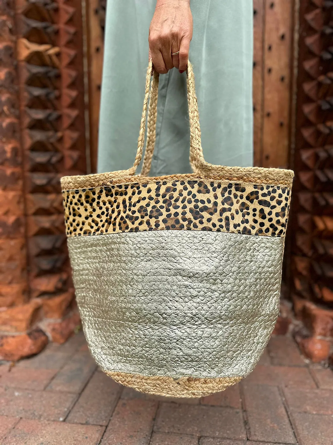 Natural Leopard Metallic Weave Bag