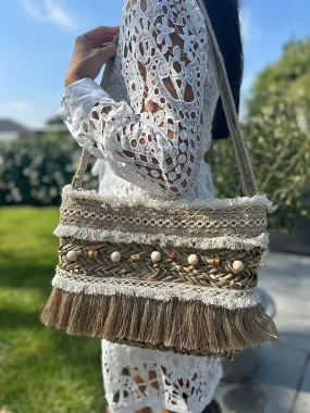 Natural Weave Multi Bead Fringed Shoulder Bag