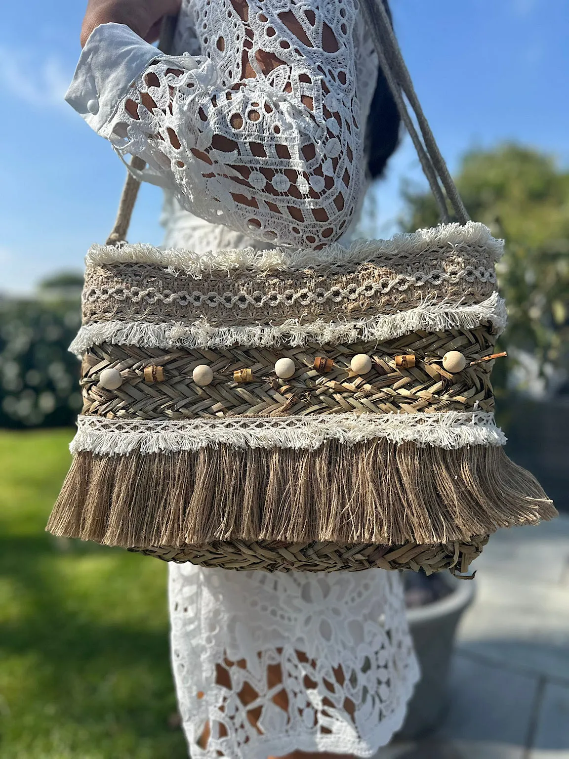 Natural Weave Multi Bead Fringed Shoulder Bag