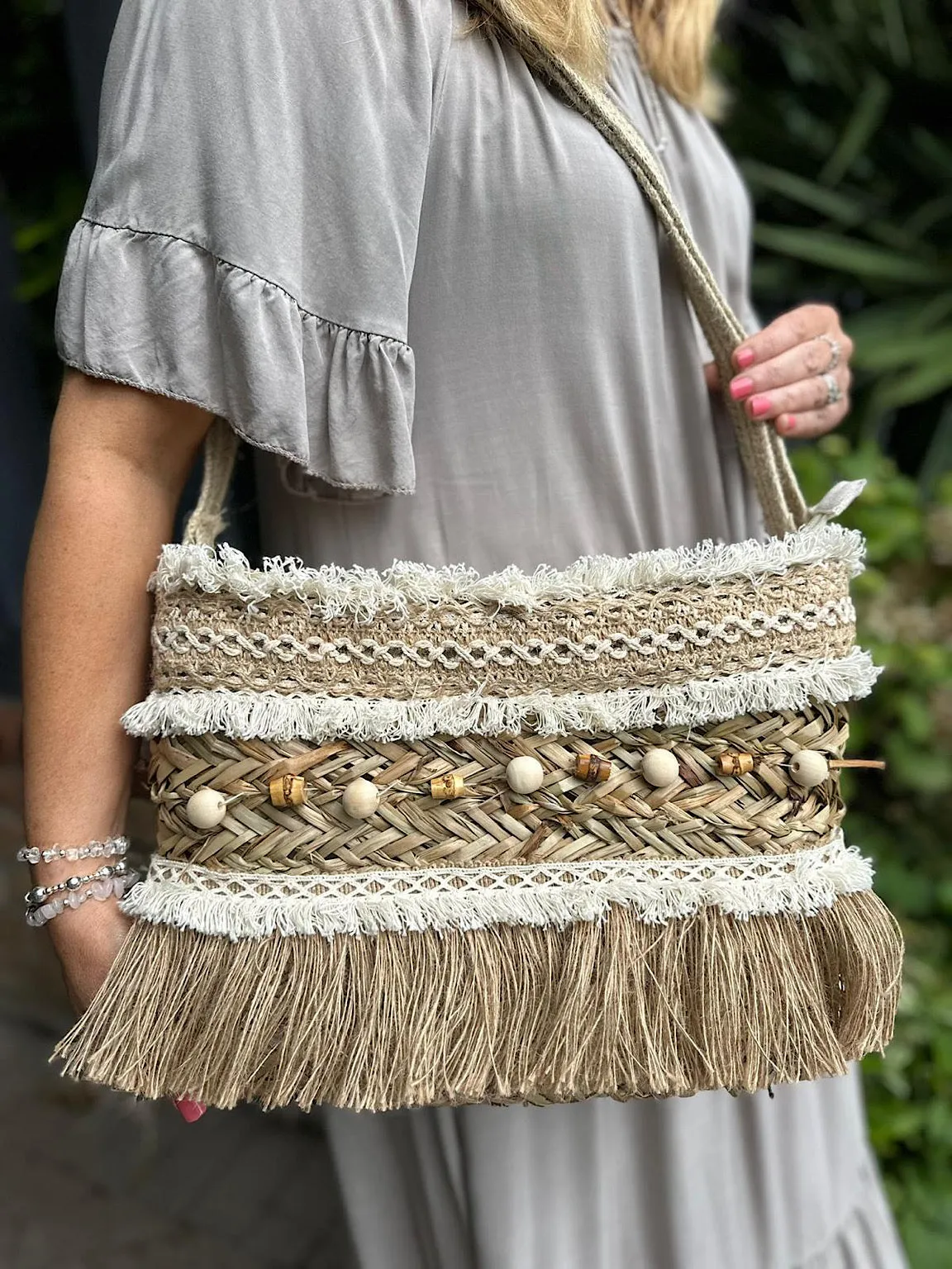 Natural Weave Multi Bead Fringed Shoulder Bag