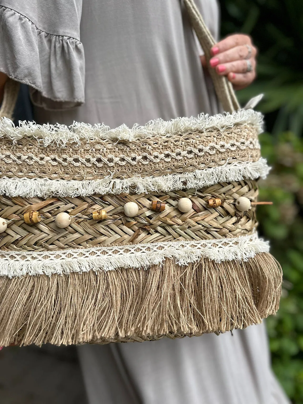 Natural Weave Multi Bead Fringed Shoulder Bag