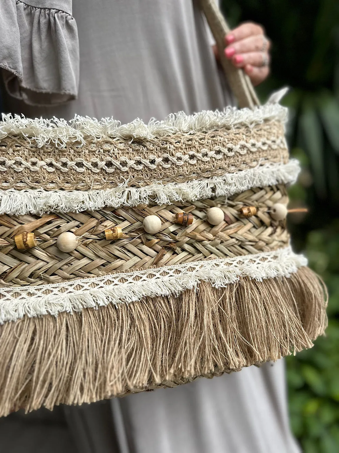 Natural Weave Multi Bead Fringed Shoulder Bag