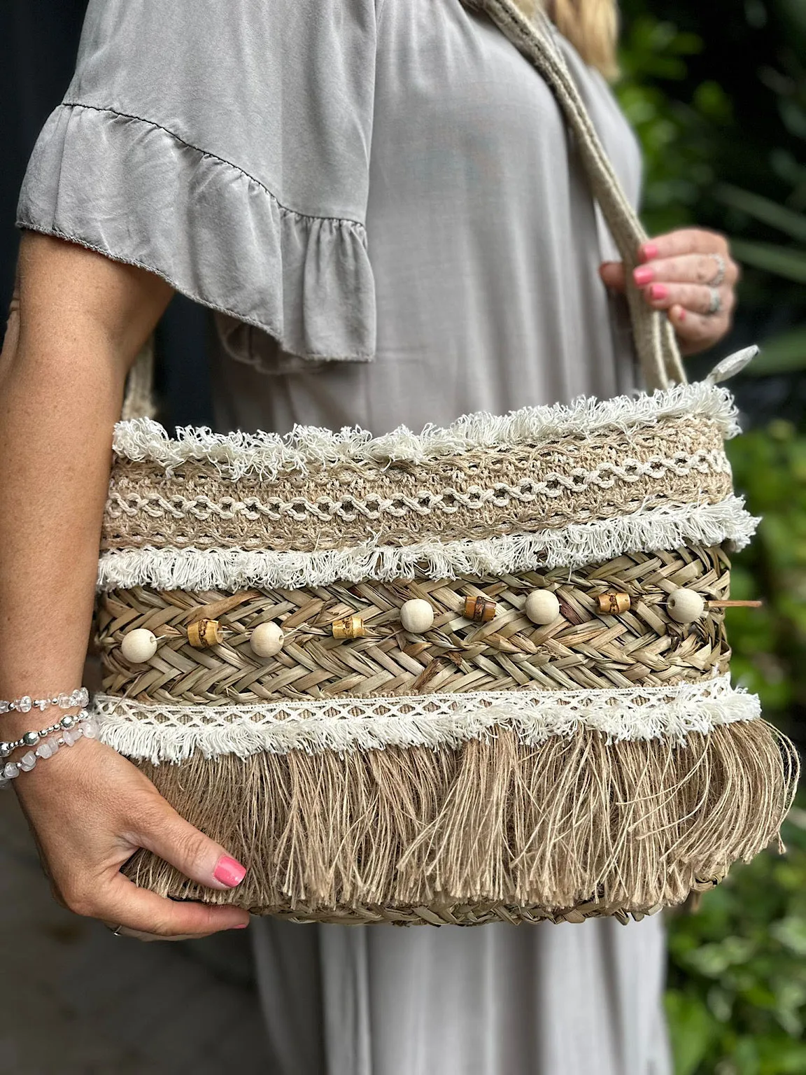 Natural Weave Multi Bead Fringed Shoulder Bag