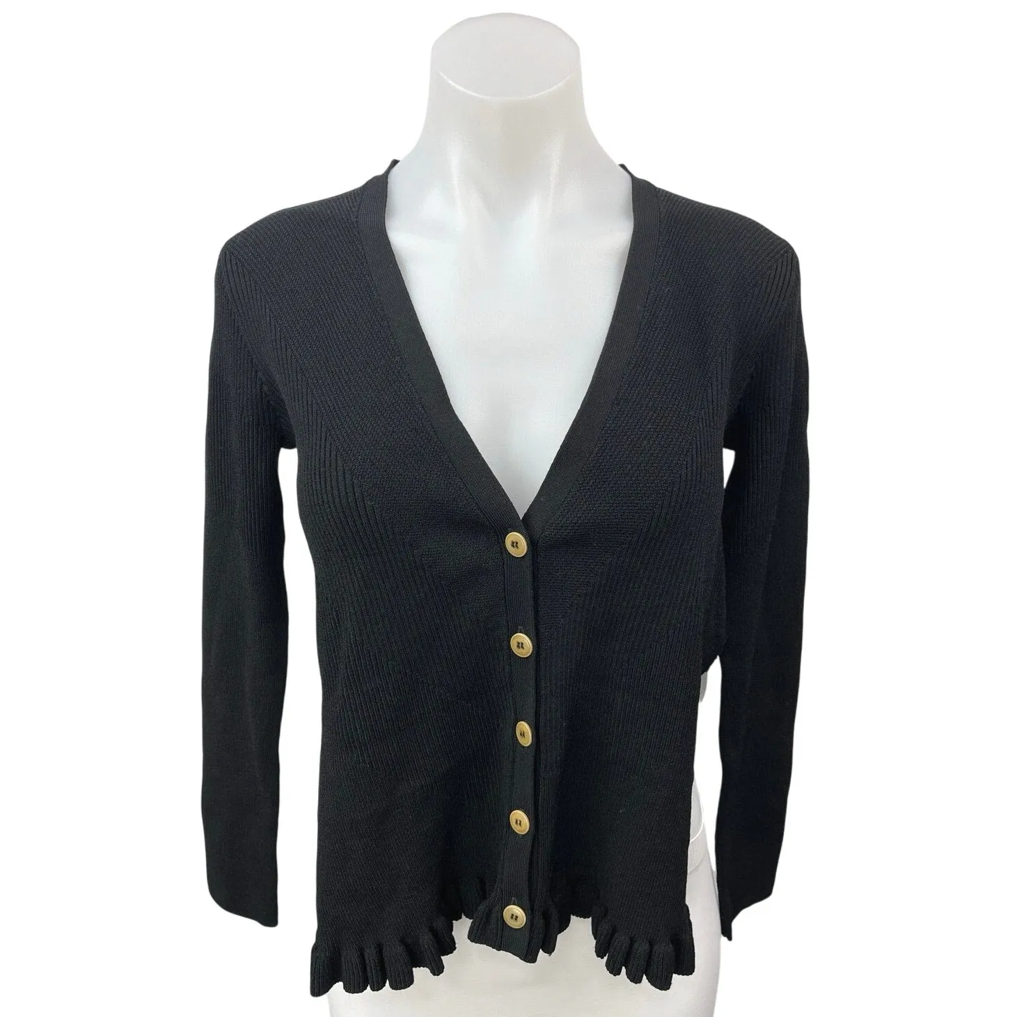 NEW Argent Black Ribbed Knit V-neck Button Ruffle Hem Cardigan Sweater Top Sz S