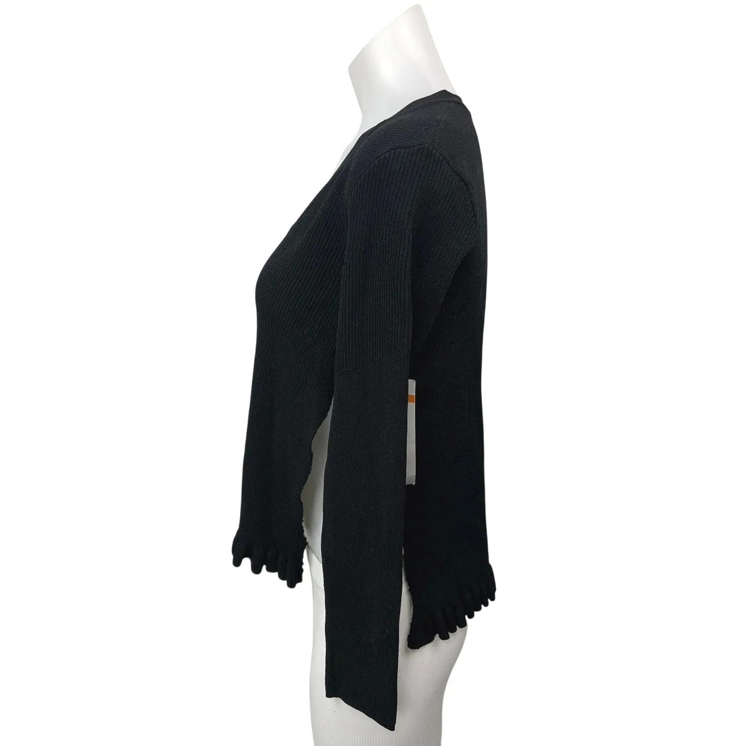 NEW Argent Black Ribbed Knit V-neck Button Ruffle Hem Cardigan Sweater Top Sz S