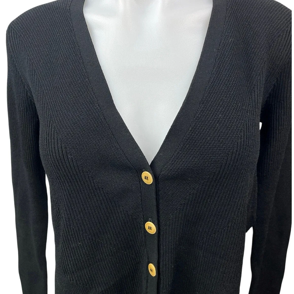 NEW Argent Black Ribbed Knit V-neck Button Ruffle Hem Cardigan Sweater Top Sz S