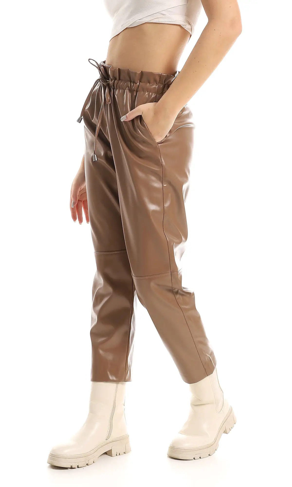 O157156 High Waist Leather Trousers With Adjustable Waist Drawstrings- Coffee