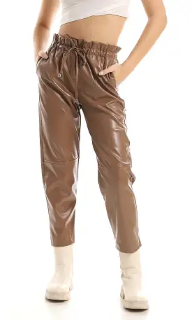 O157156 High Waist Leather Trousers With Adjustable Waist Drawstrings- Coffee