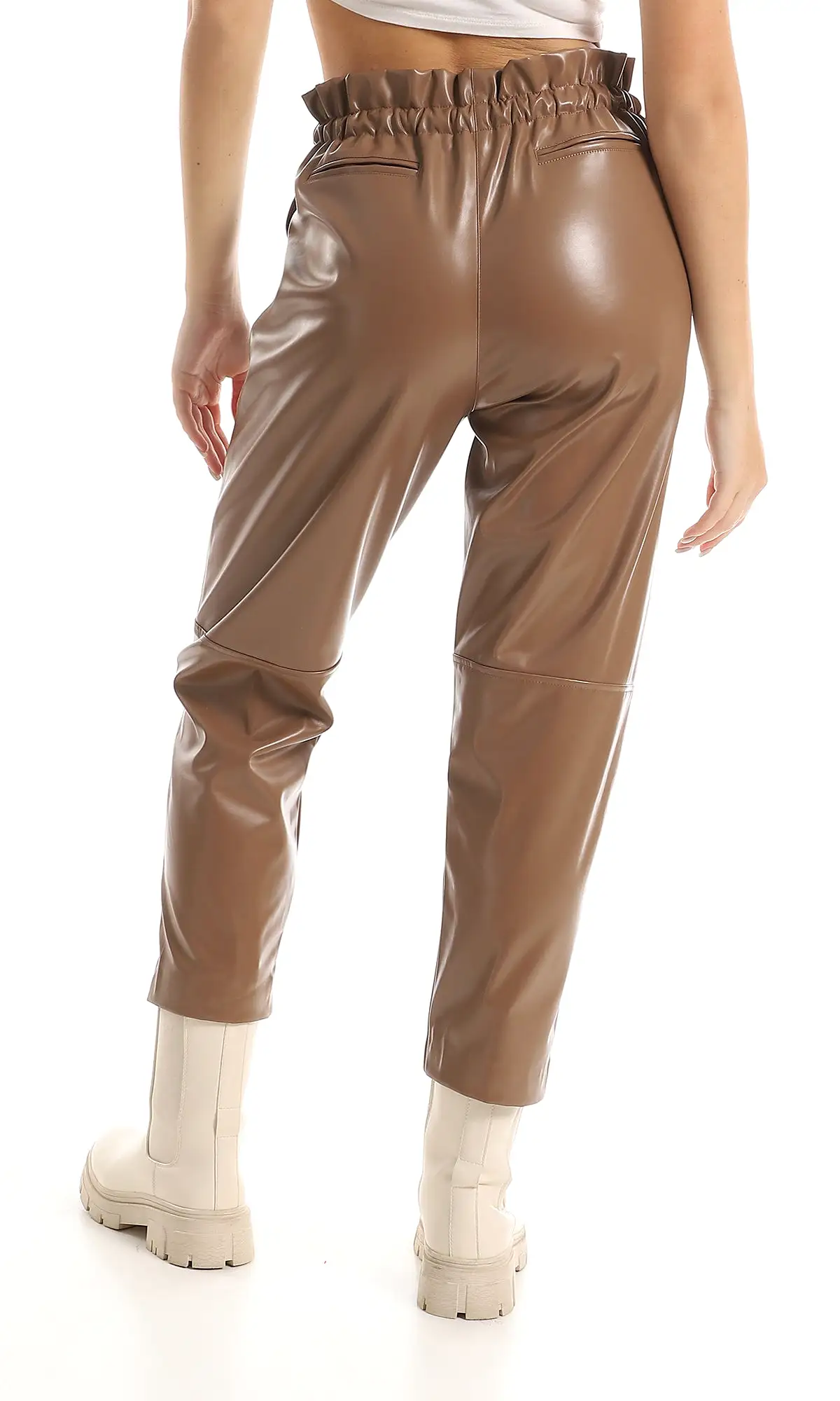 O157156 High Waist Leather Trousers With Adjustable Waist Drawstrings- Coffee