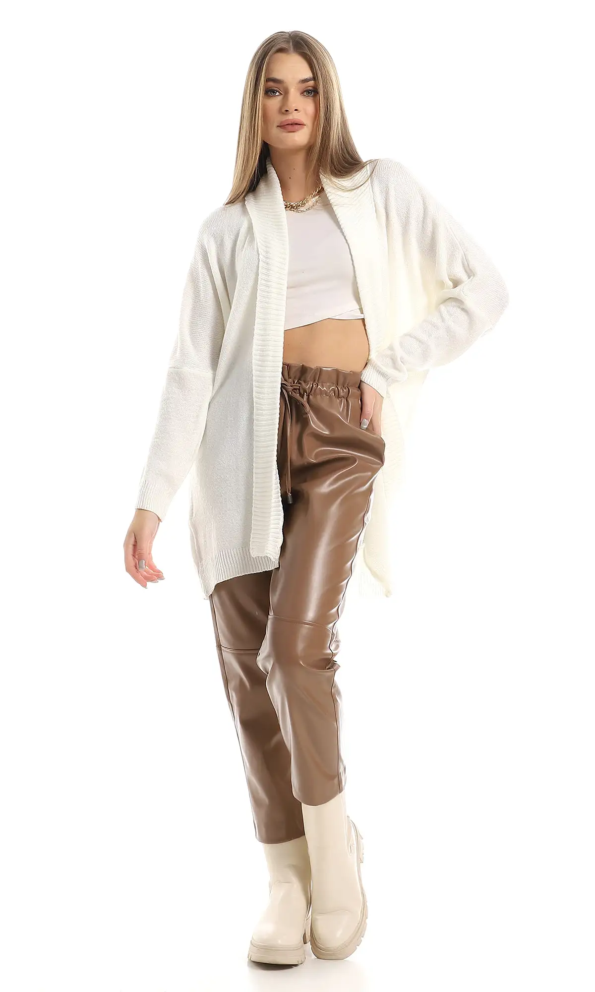 O157156 High Waist Leather Trousers With Adjustable Waist Drawstrings- Coffee