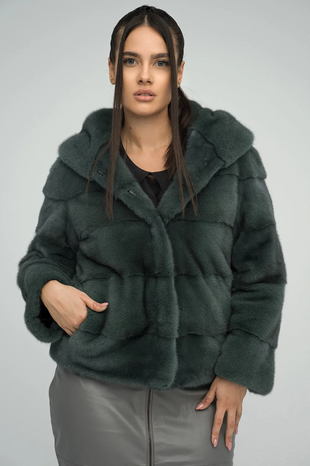 Olive Genuine Hooded Mink Fur Coat