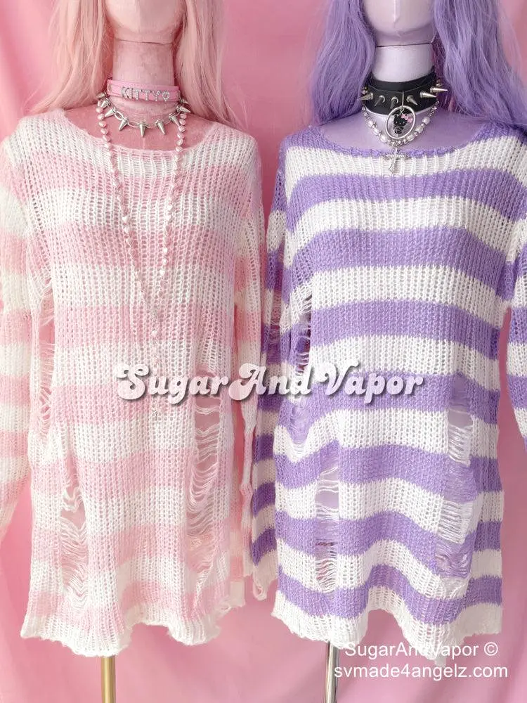 Pastel Goth Stripes Ripped Sweater Dress