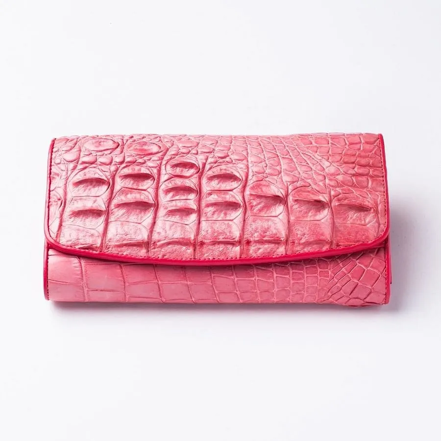 Pink Backbone Crocodile Skin Long Wallet