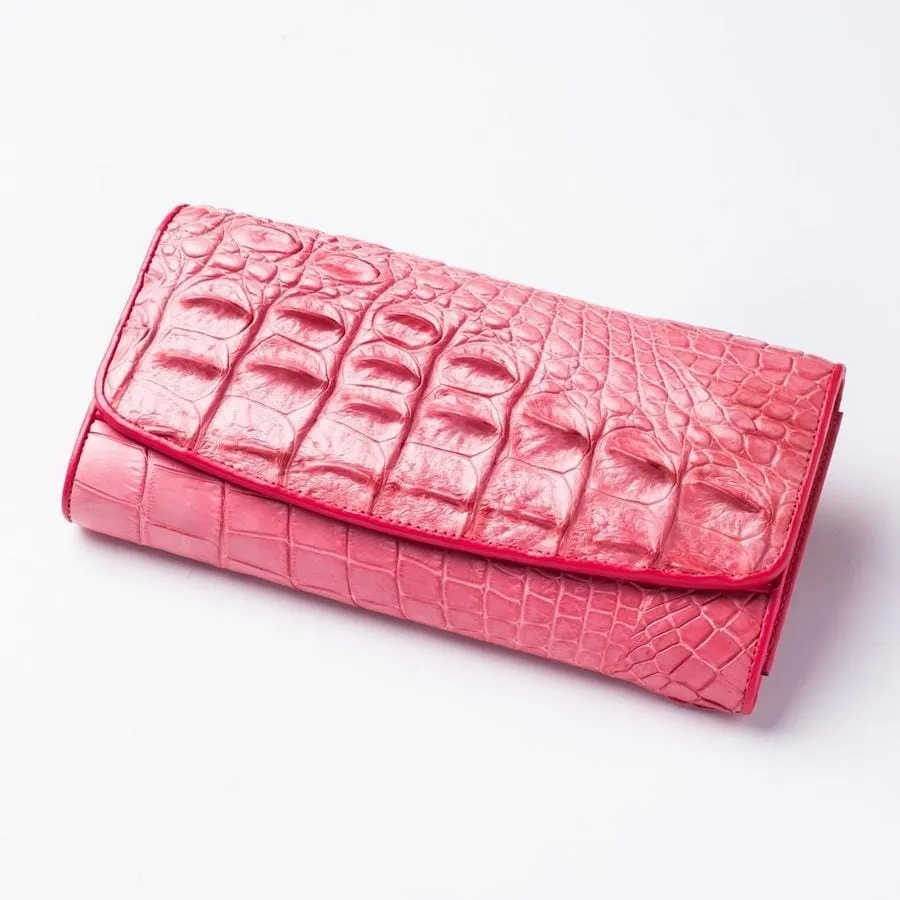 Pink Backbone Crocodile Skin Long Wallet