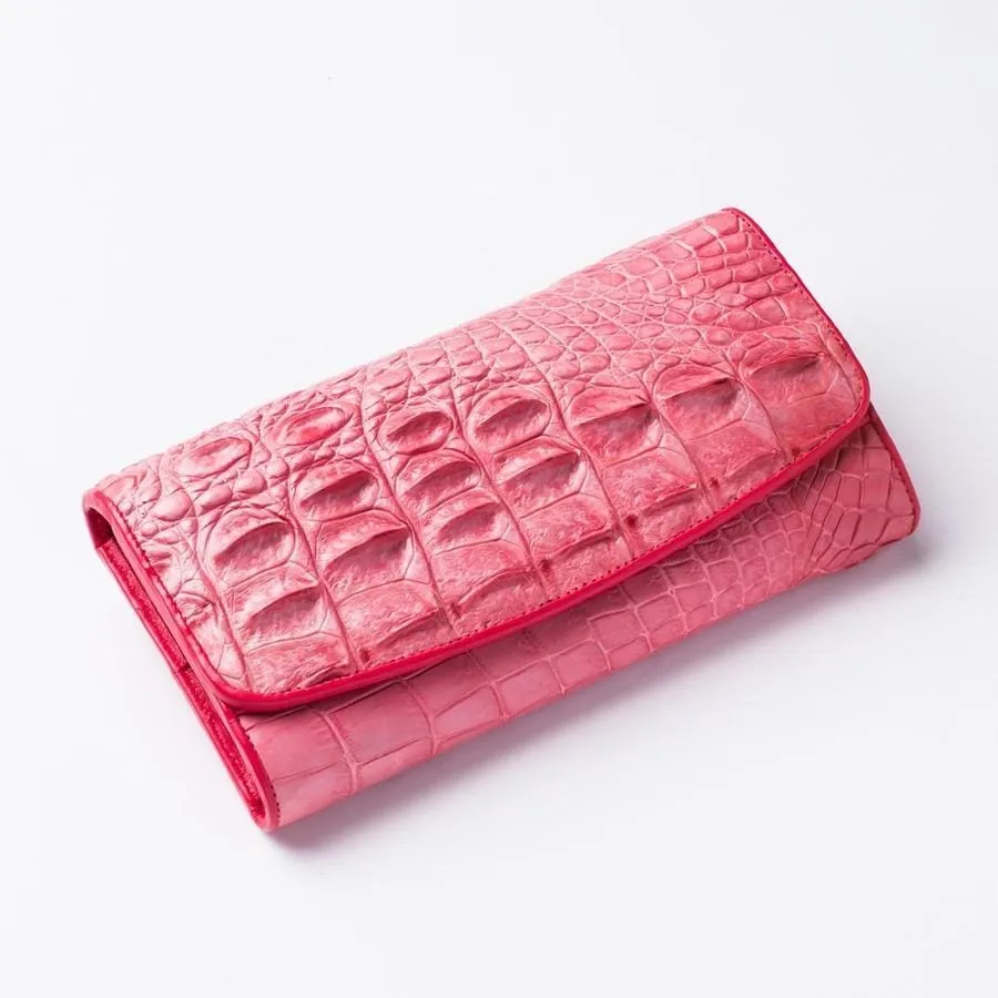 Pink Backbone Crocodile Skin Long Wallet