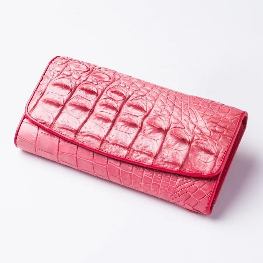 Pink Backbone Crocodile Skin Long Wallet