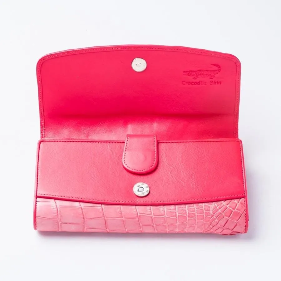 Pink Backbone Crocodile Skin Long Wallet