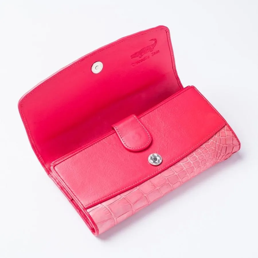 Pink Backbone Crocodile Skin Long Wallet