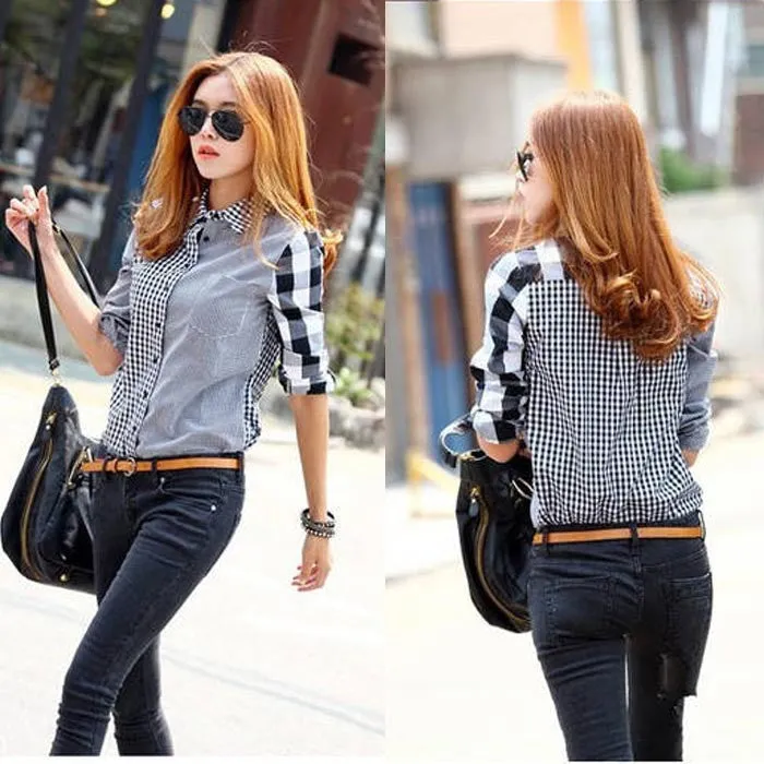 Plus Size Women Casual Button Down Long Sleeve Checks Shirt Lattice Blouse Feida