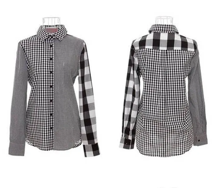 Plus Size Women Casual Button Down Long Sleeve Checks Shirt Lattice Blouse Feida