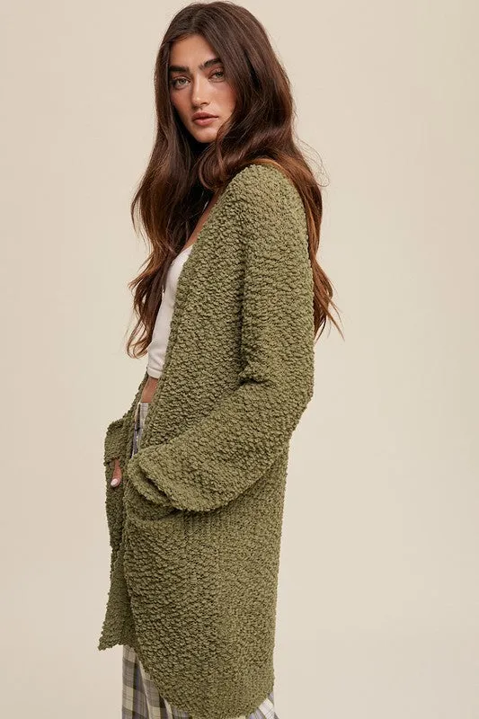 Popcorn Open Knit Cardigan Sweater