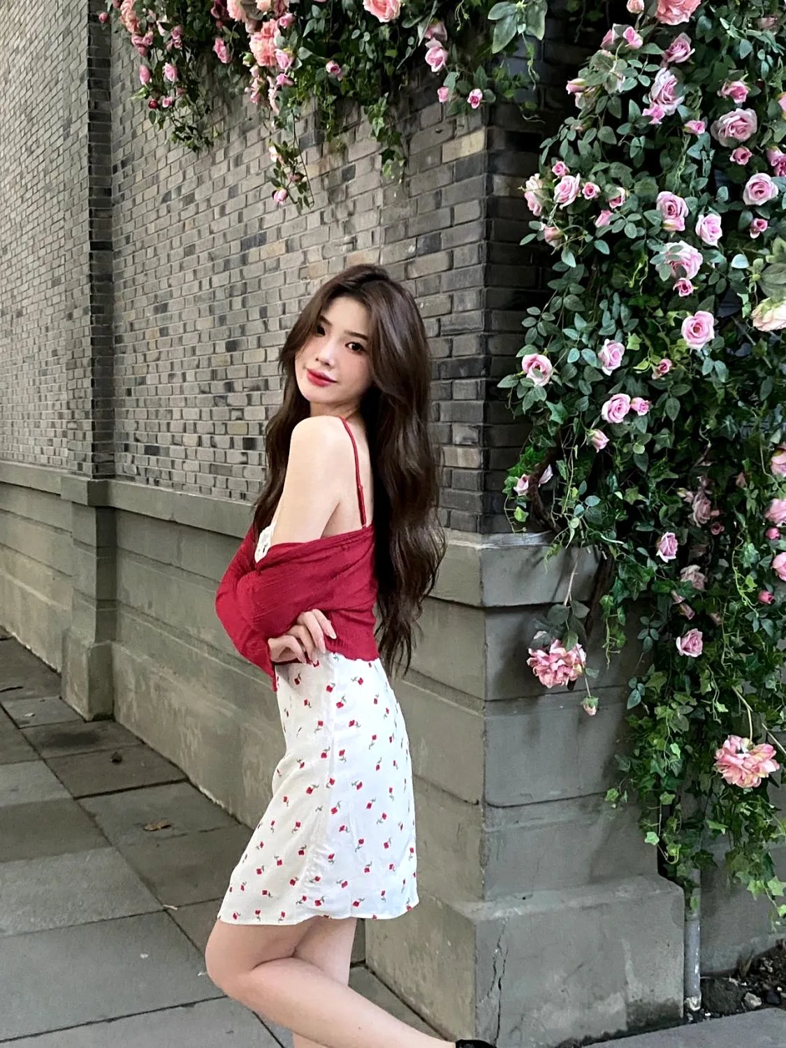 Red Sweater White Cherries Dress Outfit ON965