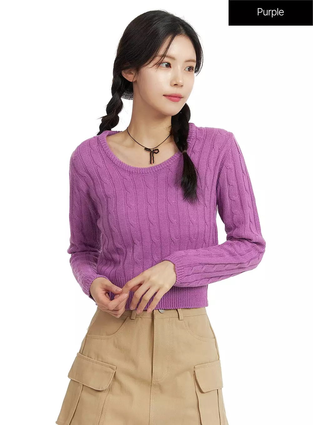 Round Neck Crop Cable Sweater OF408