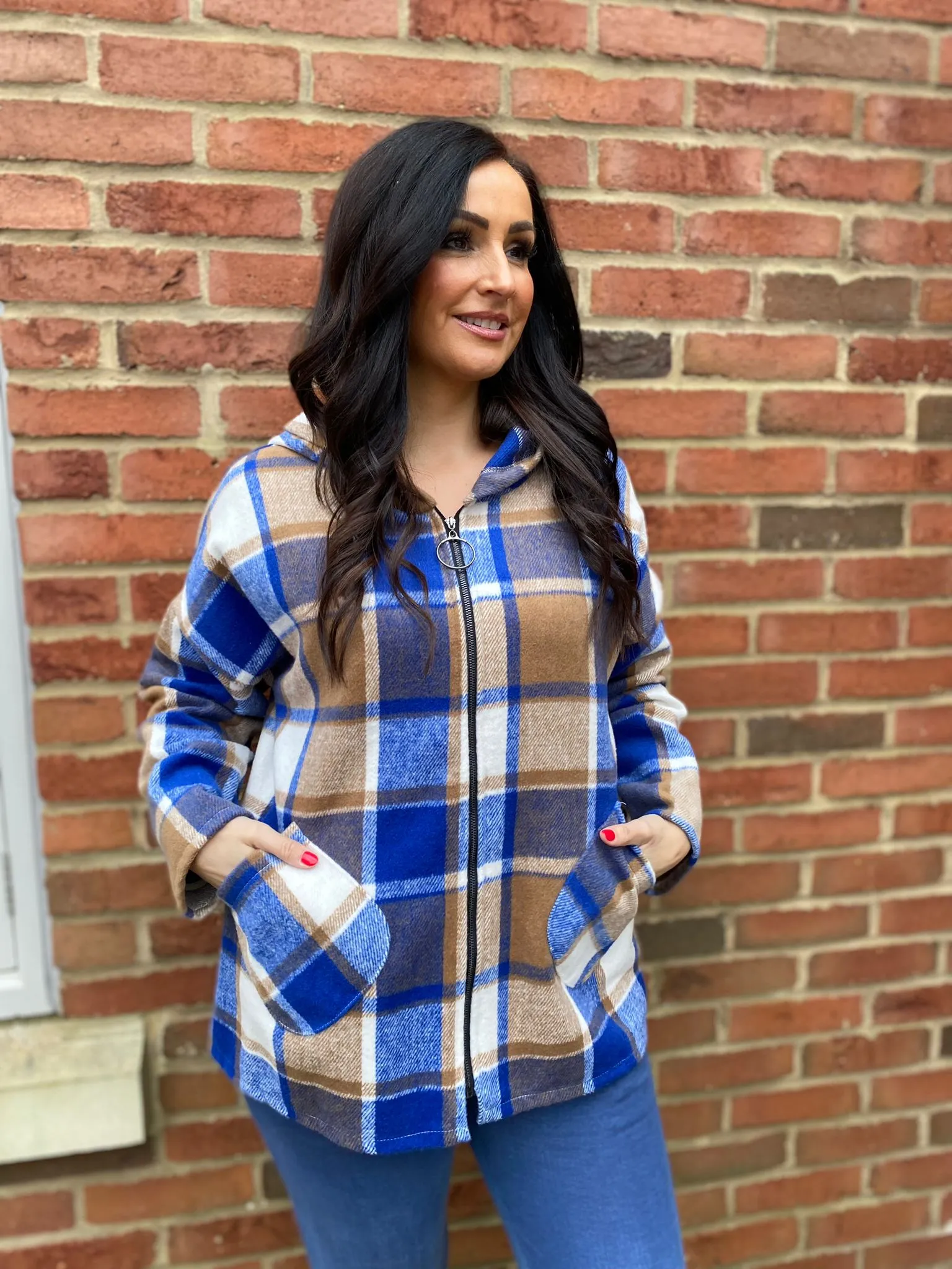 Royal Blue Checked Hooded Coat Adriana