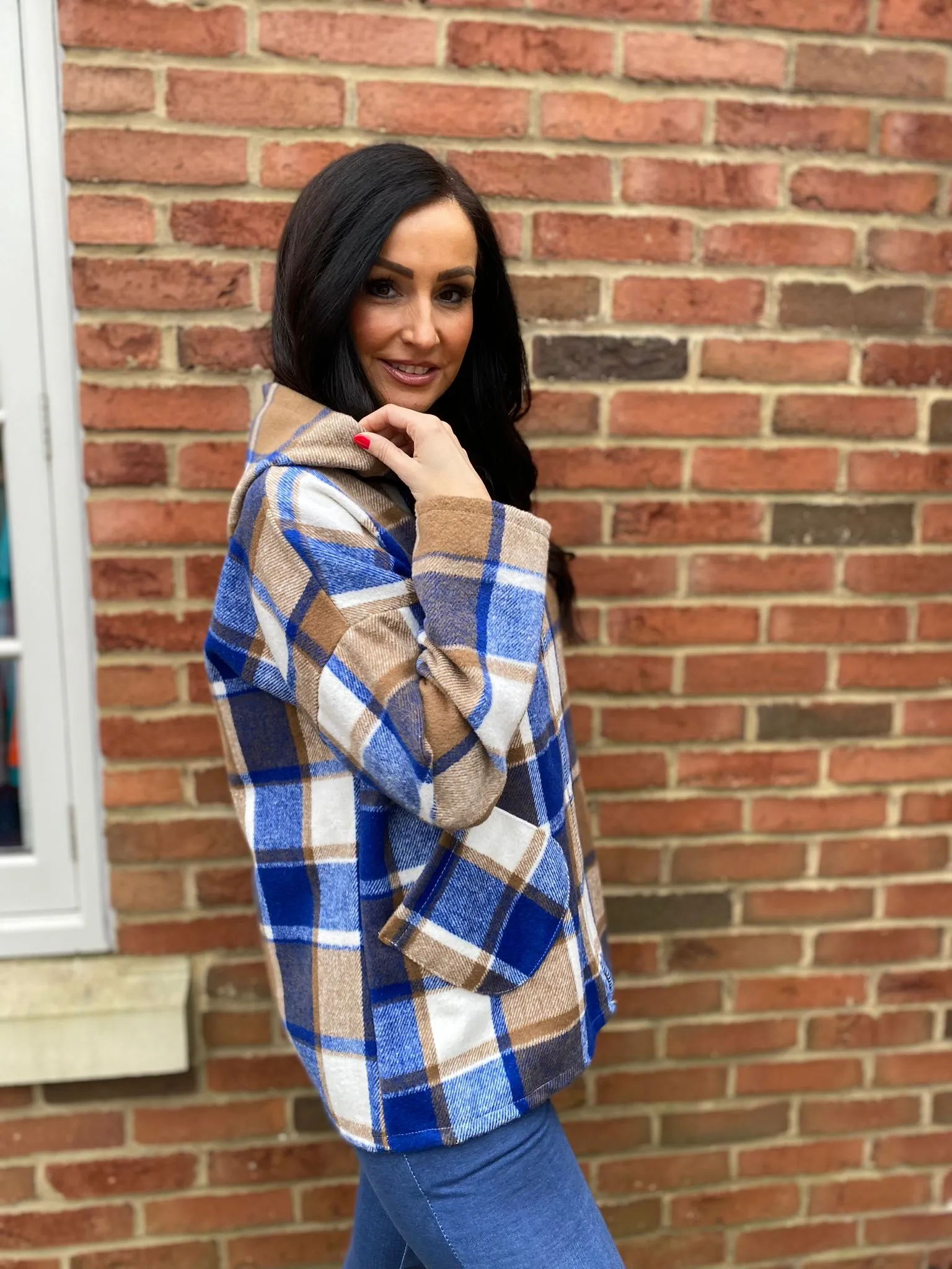 Royal Blue Checked Hooded Coat Adriana