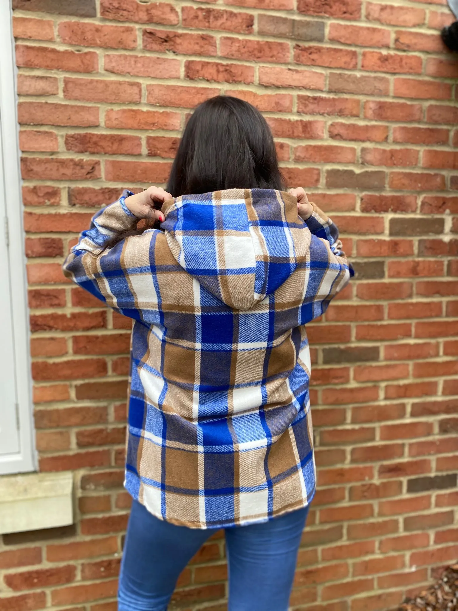 Royal Blue Checked Hooded Coat Adriana