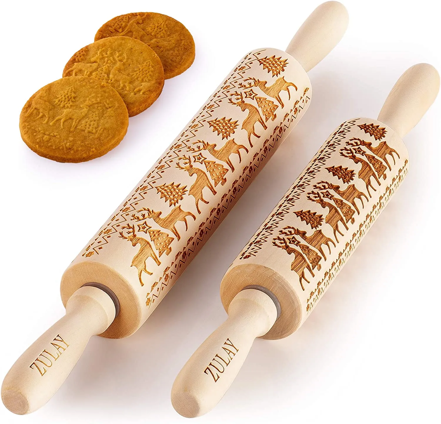 (Set of 2) Wooden Carved Christmas Rolling Pin