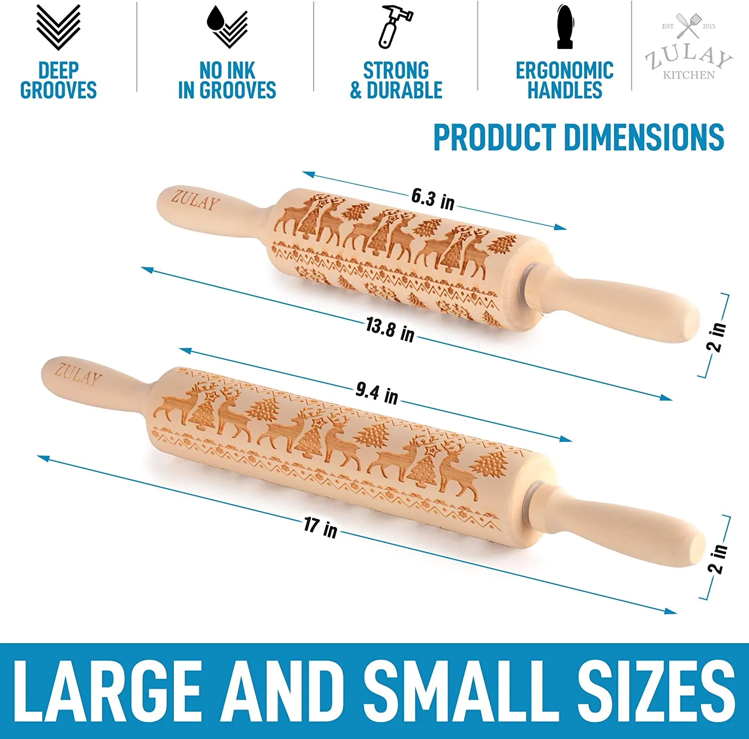 (Set of 2) Wooden Carved Christmas Rolling Pin