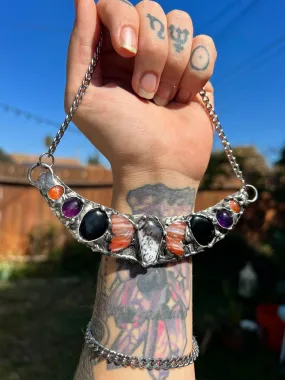 Spooky Queen Collar, dendritic opal, carnelian butterfly wings, onyx, amethyst and sunstone