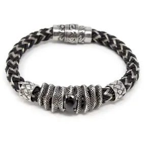 Stainless Steel Rubber Braided Bracelet with Jet CZ